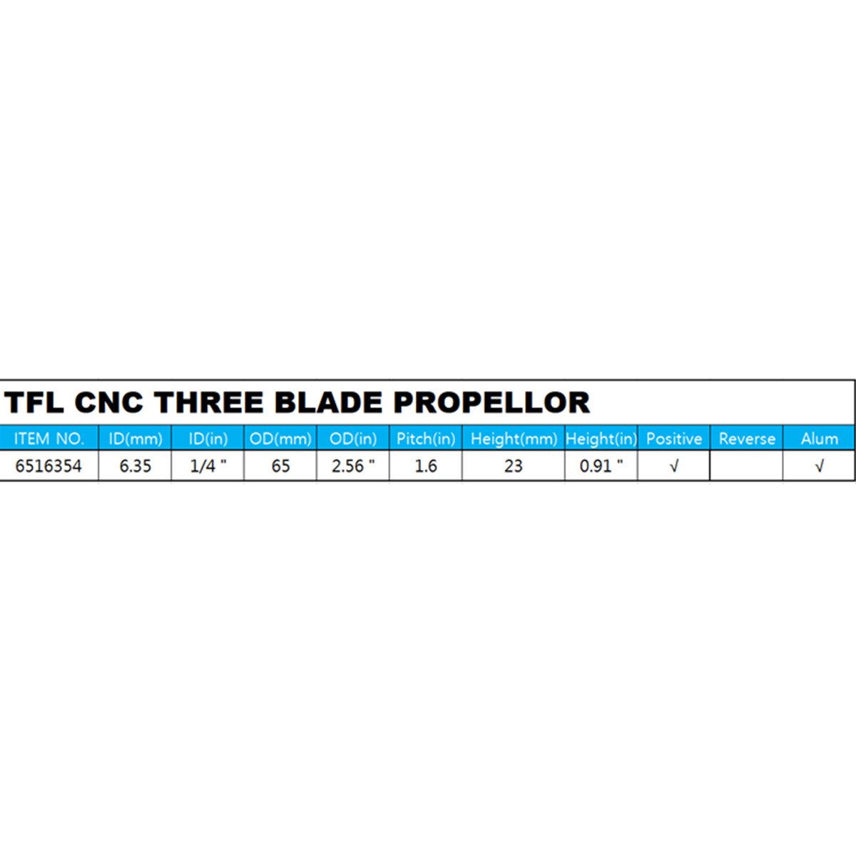 TFL RC  Boat CNC Aluminum Three Blades Propeller 1.6 Pitch, 6.35mm shaft，Diameter 65mm
